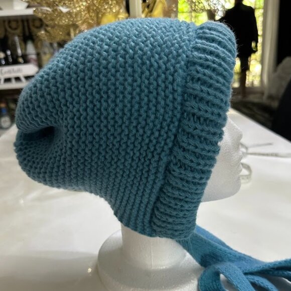 Blue Knit Balaclava Hood Soft Winter Bonnet Hat with Ties Cozy Women’s Warm Knit - Picture 2 of 8